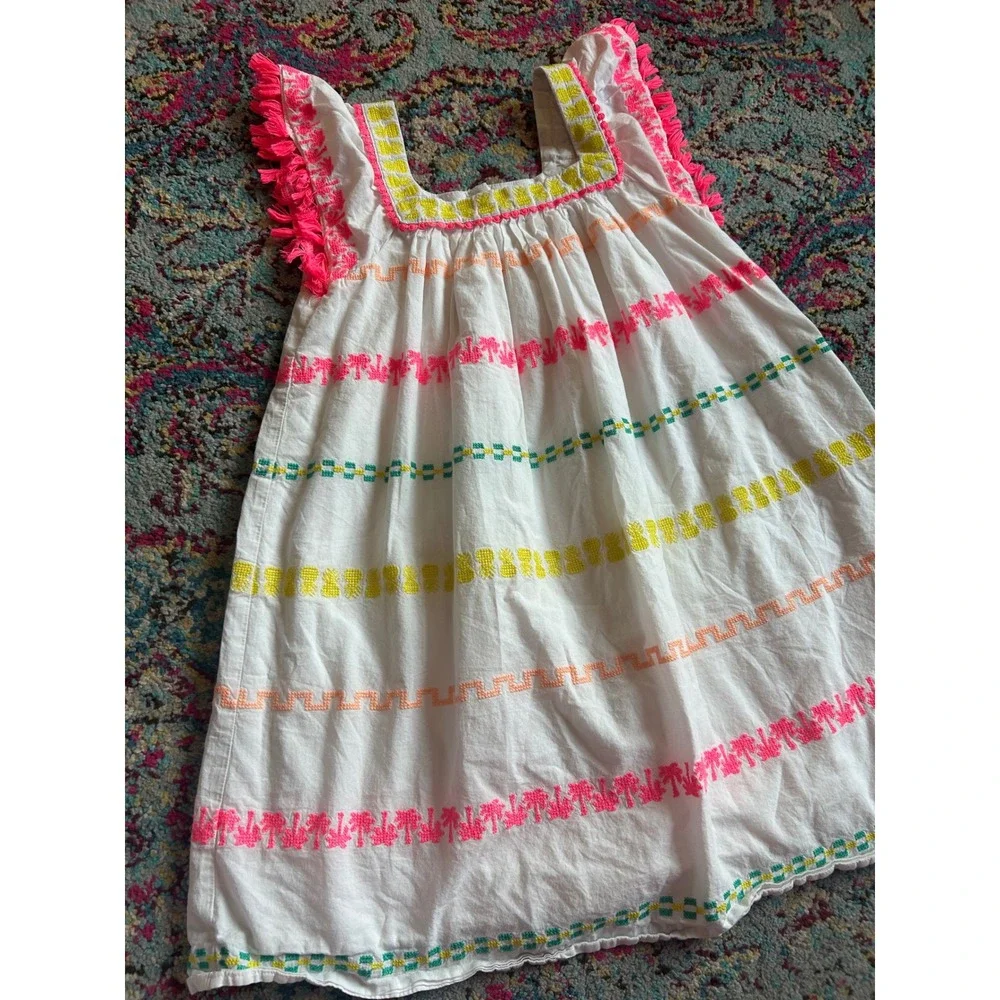 Cat &‎ Jack Girls Dress White Neon Embroidered Palm Tree Pineapple Fringe bin B